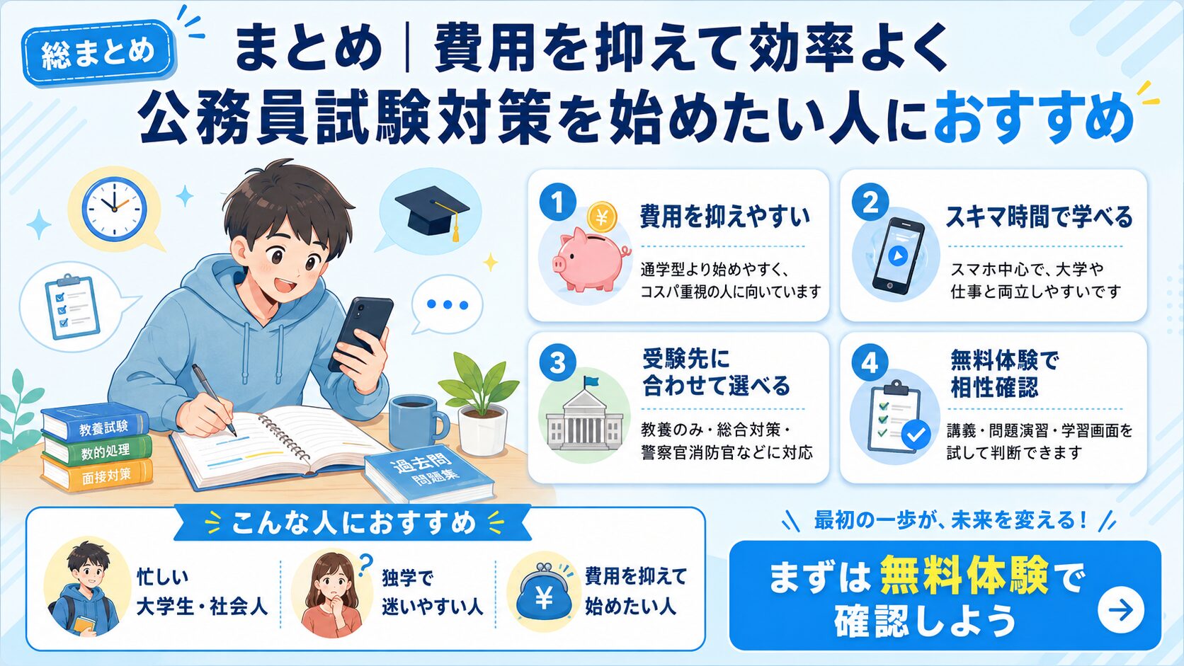 スタディング公務員講座は費用を抑えて効率よく公務員試験対策を始めたい人におすすめというまとめ図解