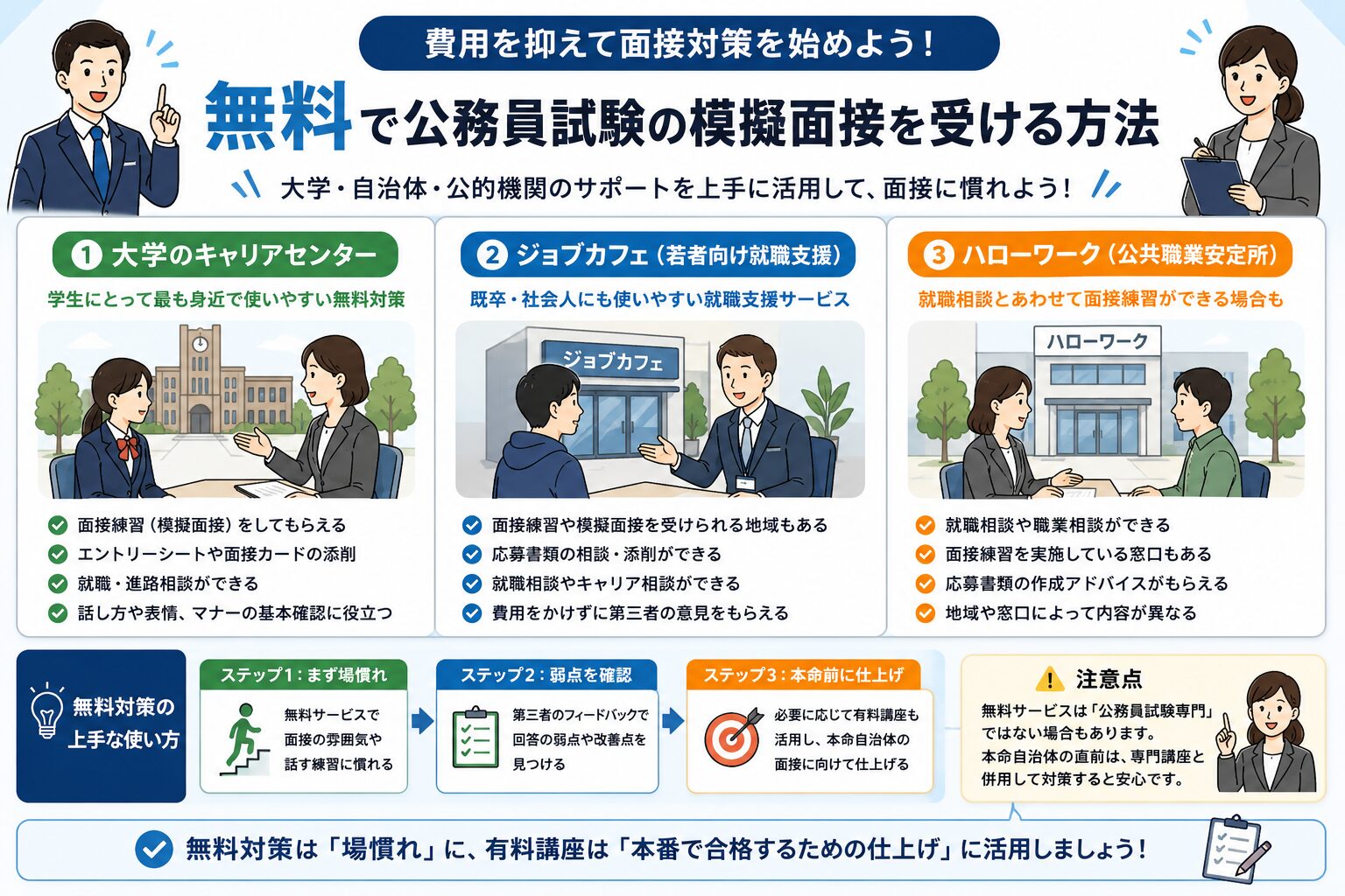 公務員試験の模擬面接を無料で受ける方法として大学キャリアセンター・ジョブカフェ・ハローワークを比較した図解