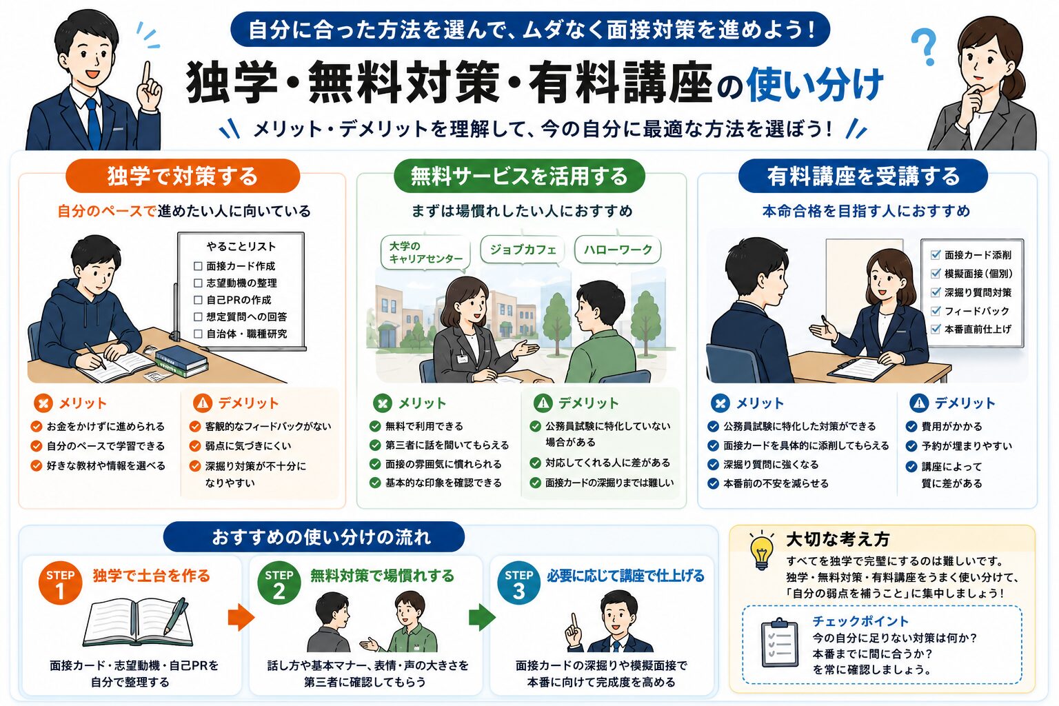 公務員試験の面接対策で独学・無料対策・有料講座を使い分ける流れを整理した図解