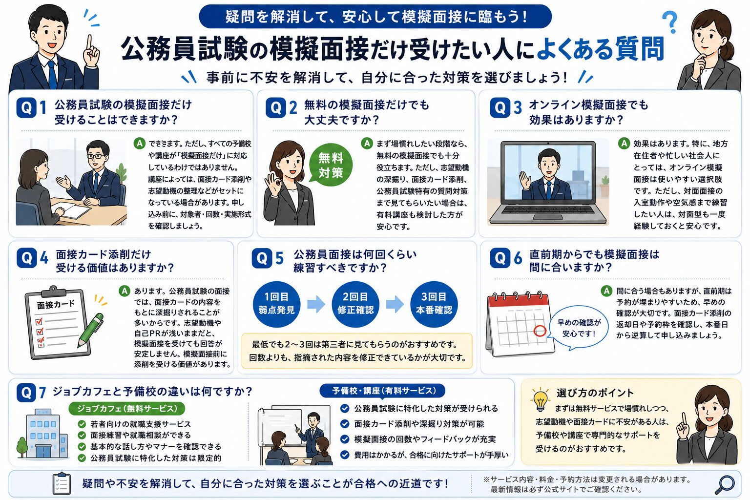 公務員試験の模擬面接だけ受けたい人が疑問に思いやすい無料対策・オンライン模擬面接・面接カード添削・練習回数を整理したFAQ図解