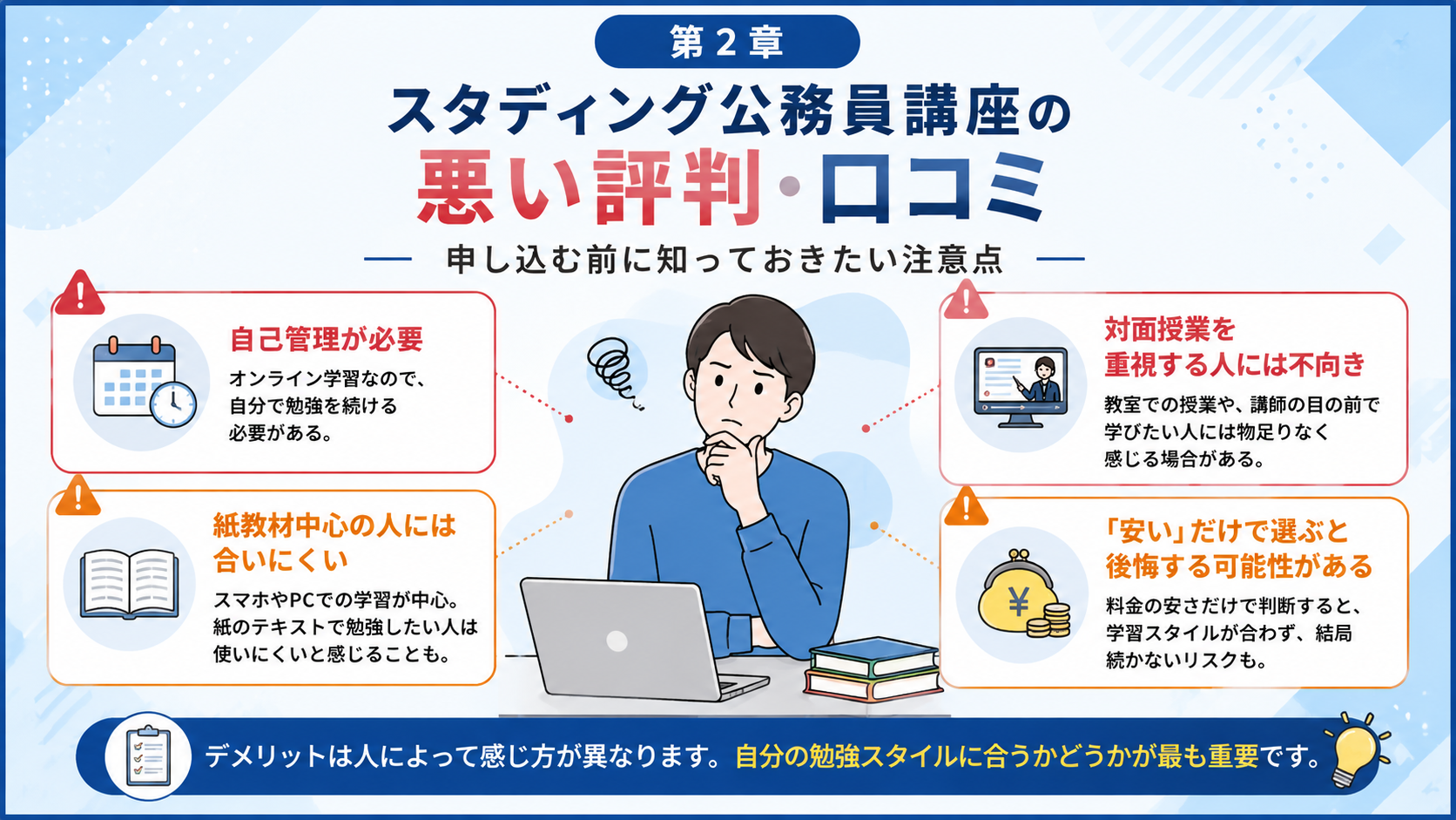 スタディング公務員講座の悪い評判とデメリットを確認する受験生