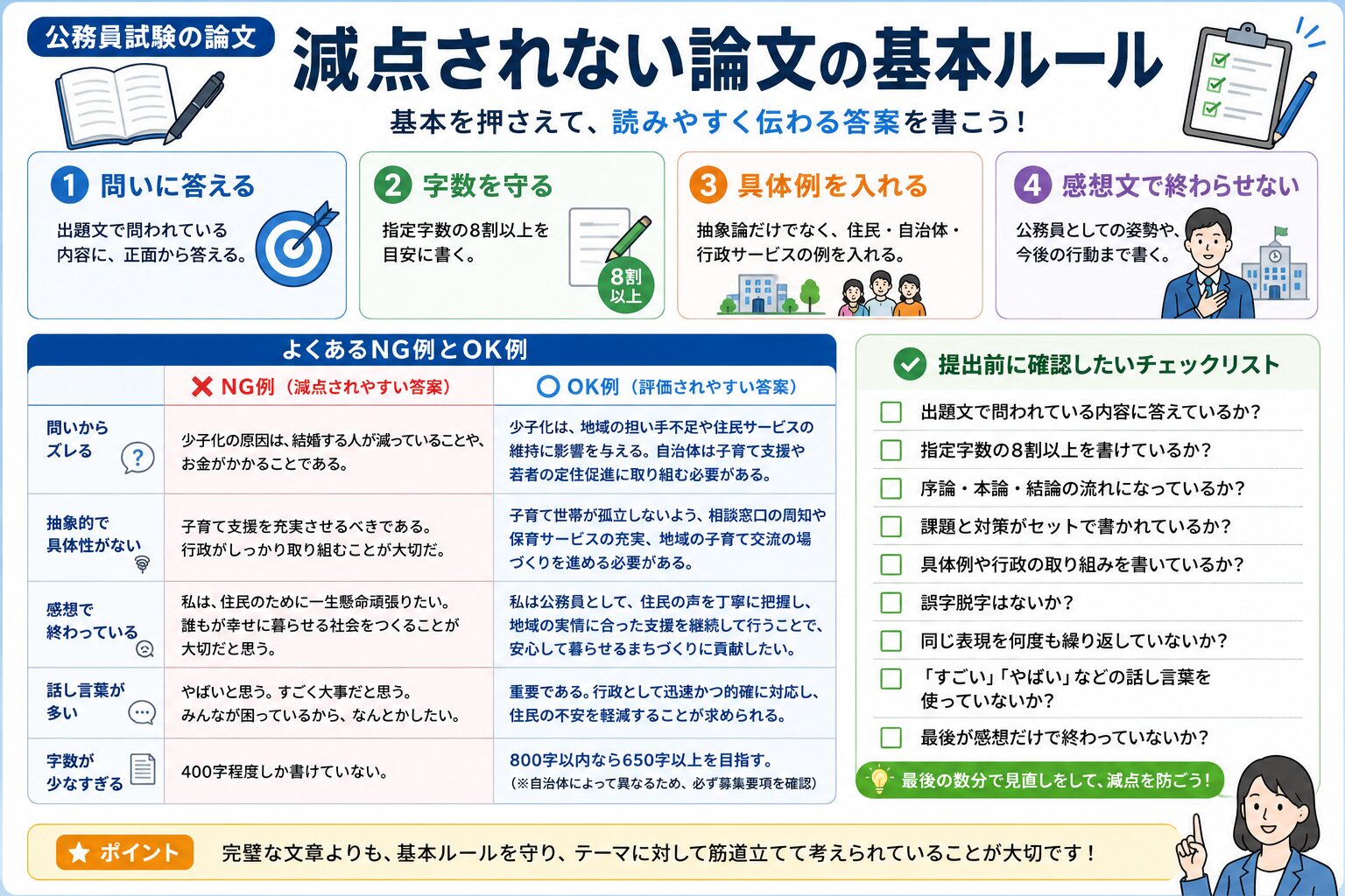 公務員試験の論文で減点されないための基本ルールをチェックリストで整理した図解