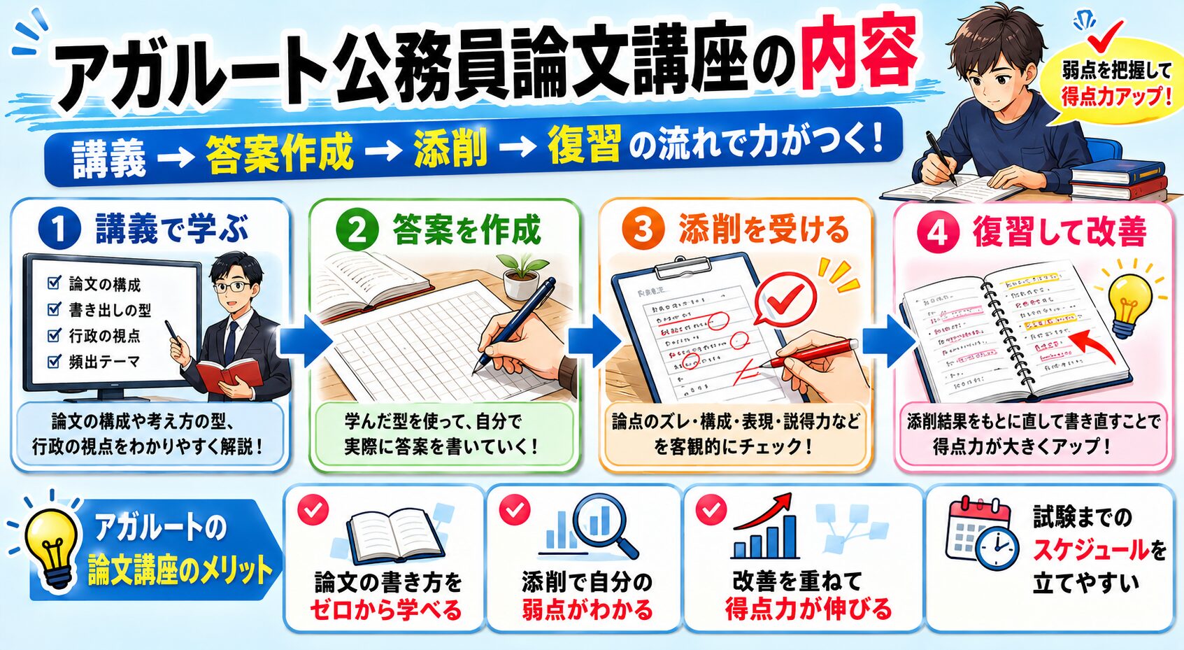 アガルート公務員論文講座の講義から答案作成、添削、復習までの流れを整理した図解