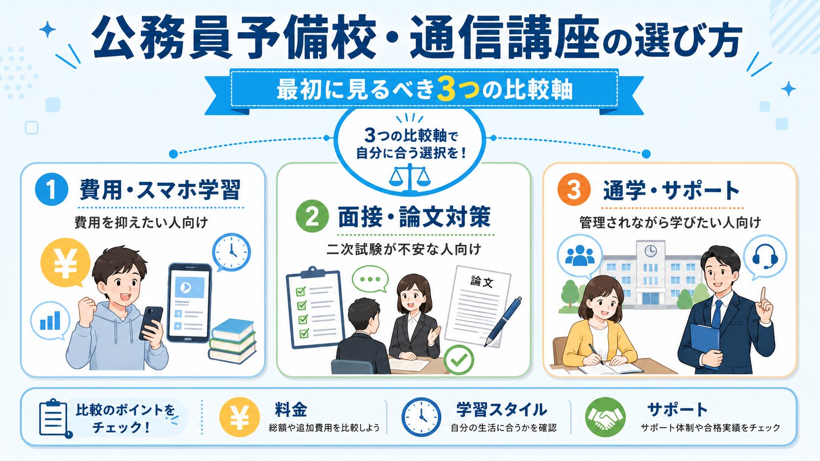 公務員予備校と通信講座のおすすめを料金・面接対策・通学で比較した図解