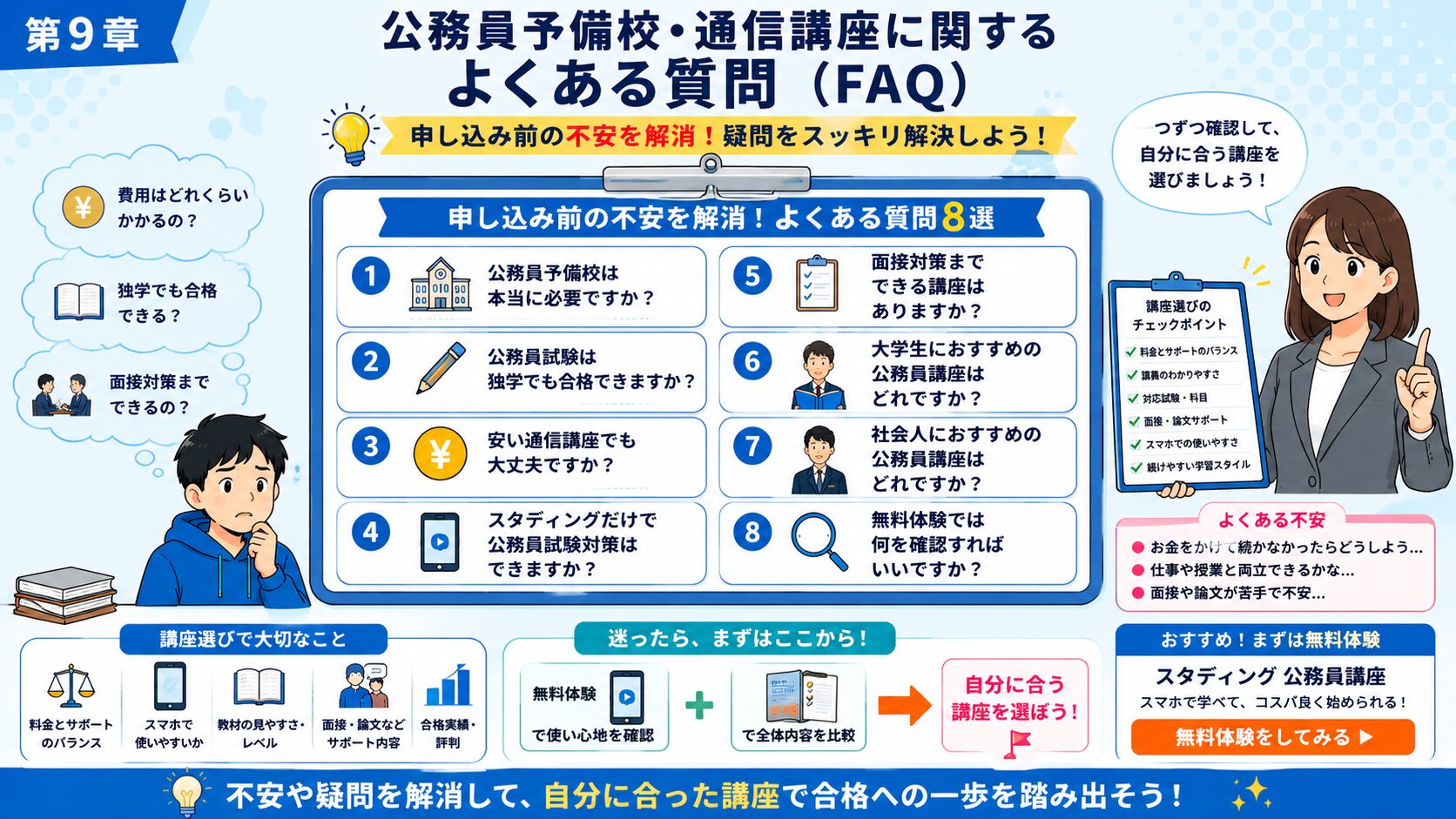 公務員予備校と通信講座に関するよくある質問をFAQ形式で整理した図解