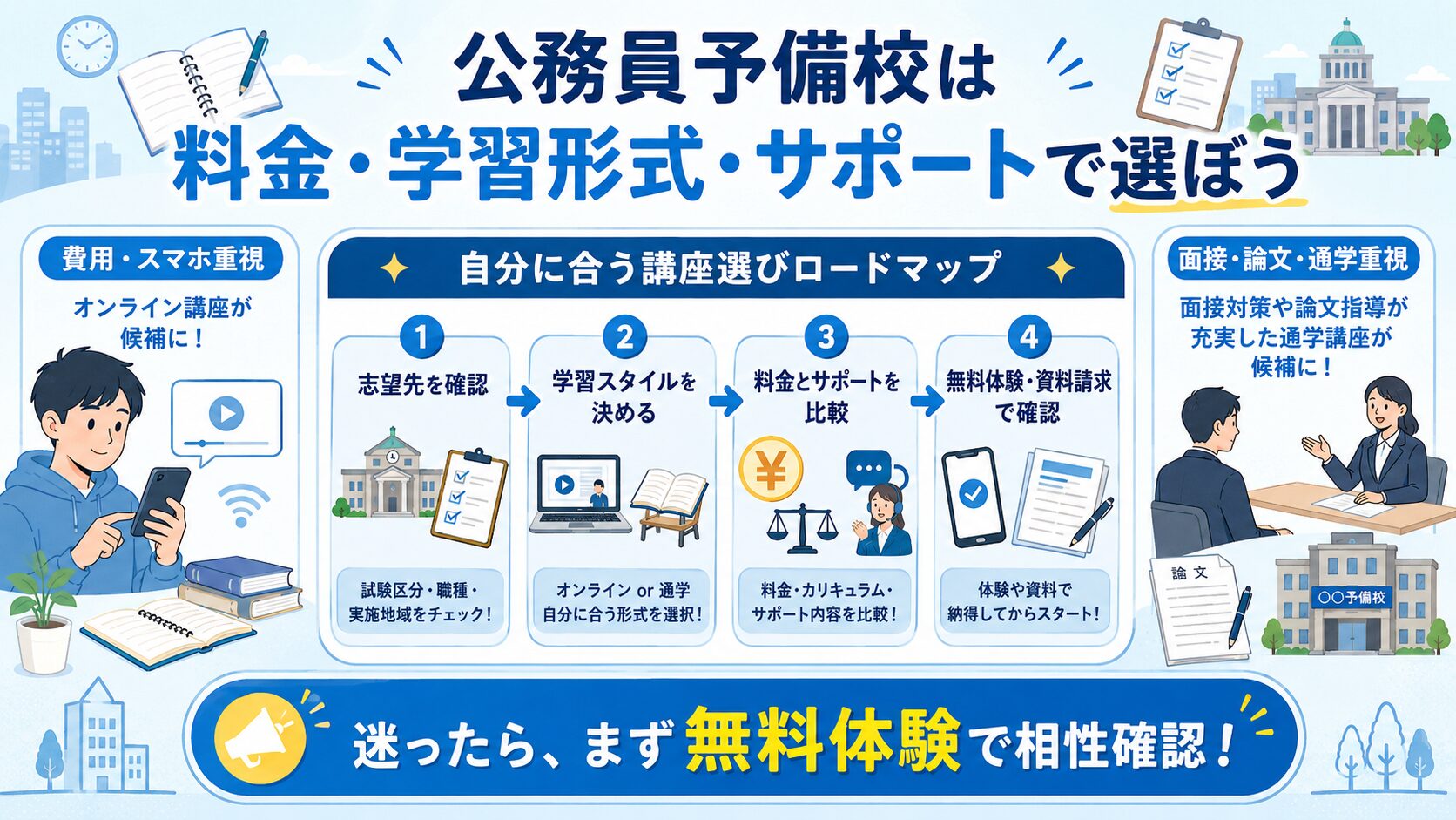 公務員予備校と通信講座を料金・学習形式・サポートで選ぶまとめ図解