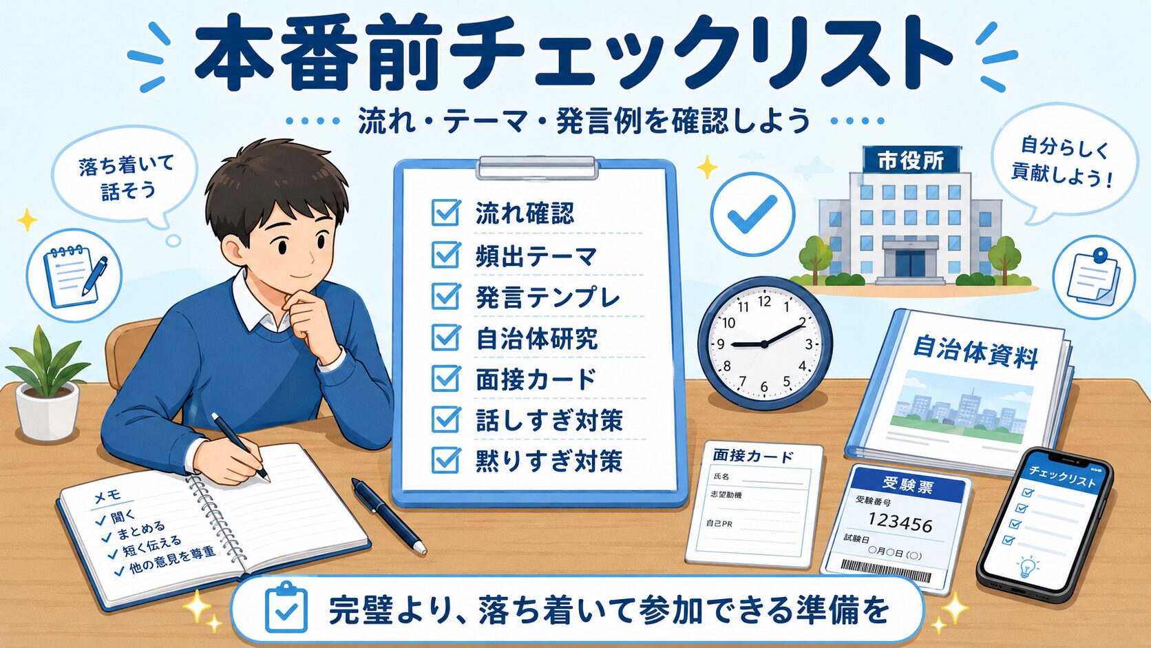 公務員試験の集団討論本番前に確認すべき流れ・頻出テーマ・発言テンプレート・自治体研究を整理したチェックリスト図解