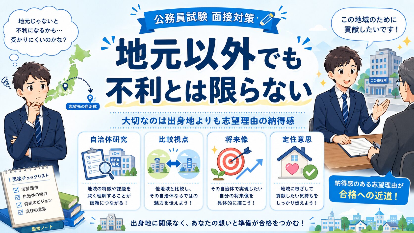 地元以外の自治体を受ける公務員試験受験生が面接官に志望動機を説明している図解