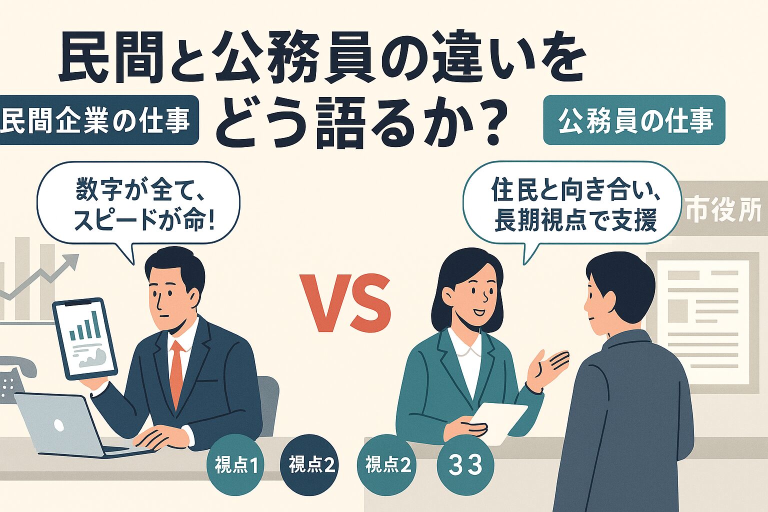 民間との違いを説明する公務員志望者