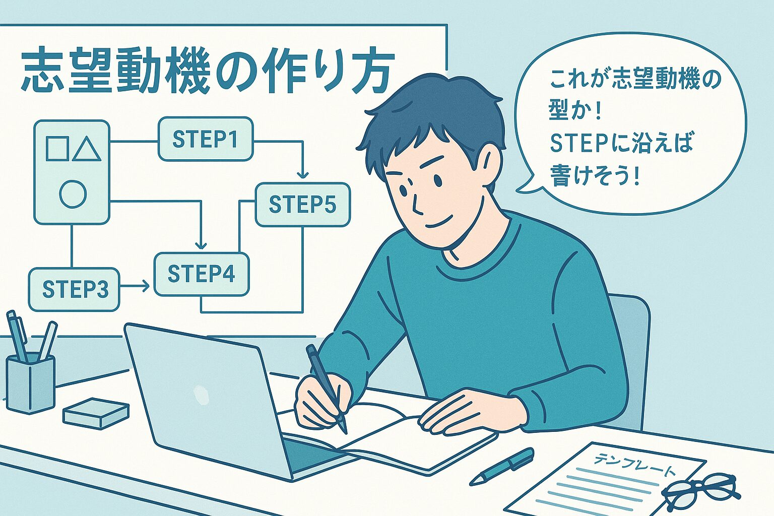 志望動機の作り方5ステップを表すイラスト