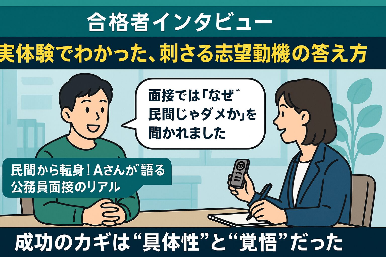 合格者インタビューの様子を描いたイラスト