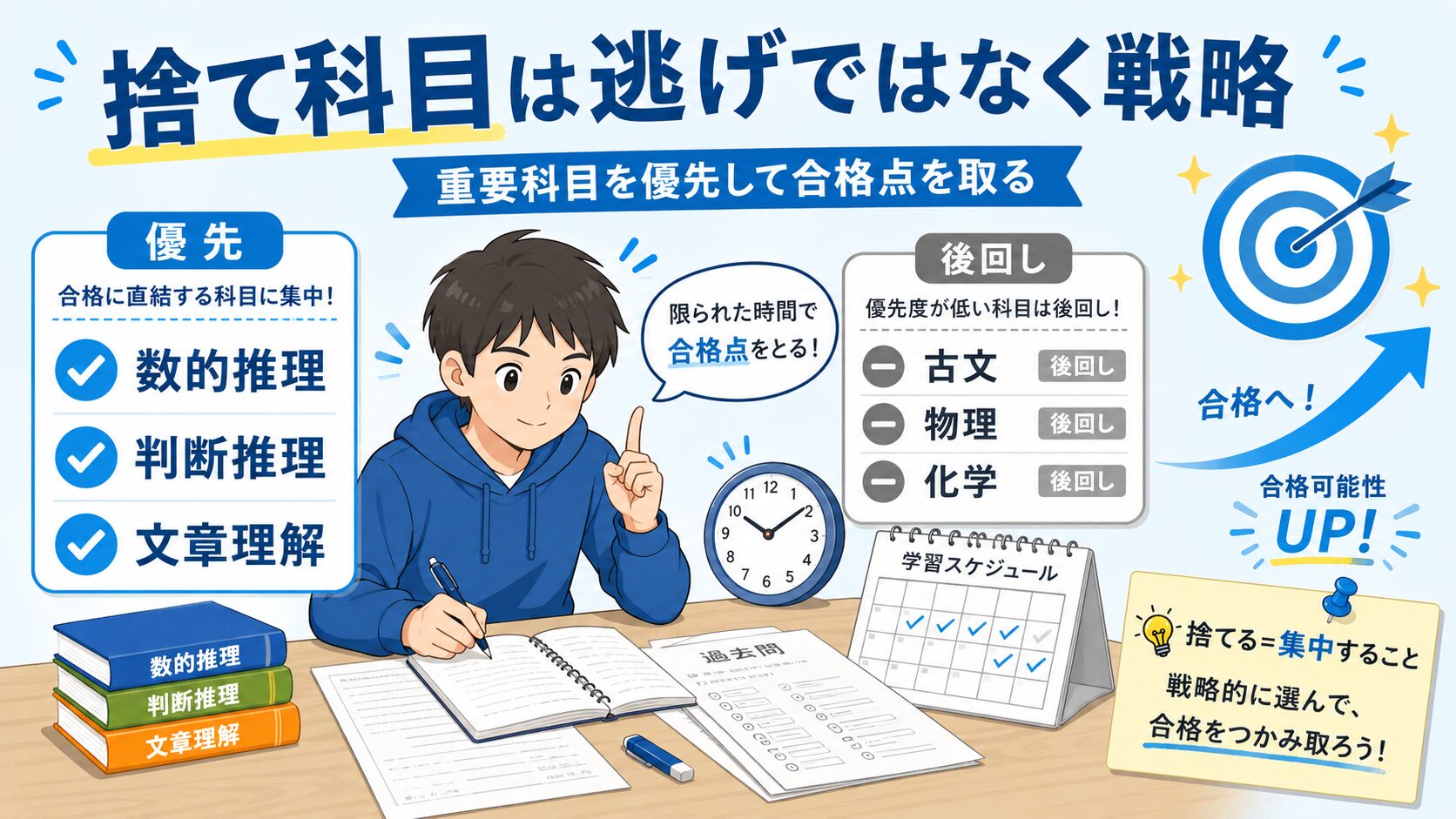公務員試験の教養科目で捨て科目を戦略的に選ぶ考え方を示した図解