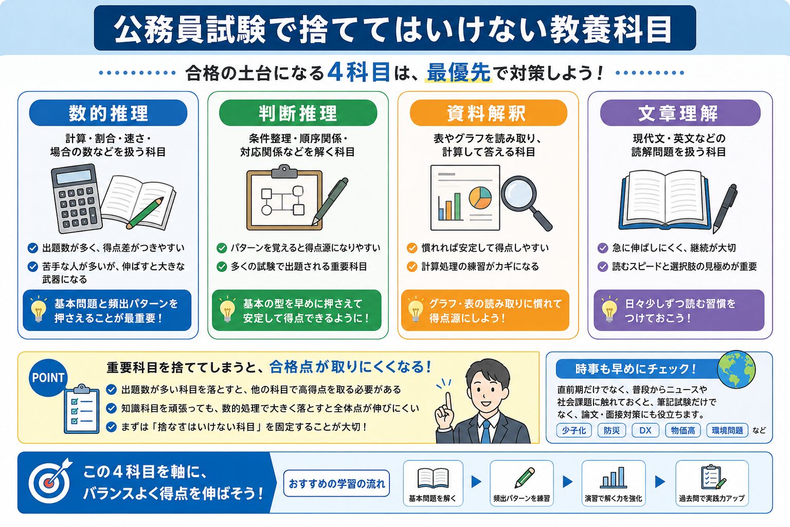 公務員試験の教養科目で捨ててはいけない重要科目を整理した図解