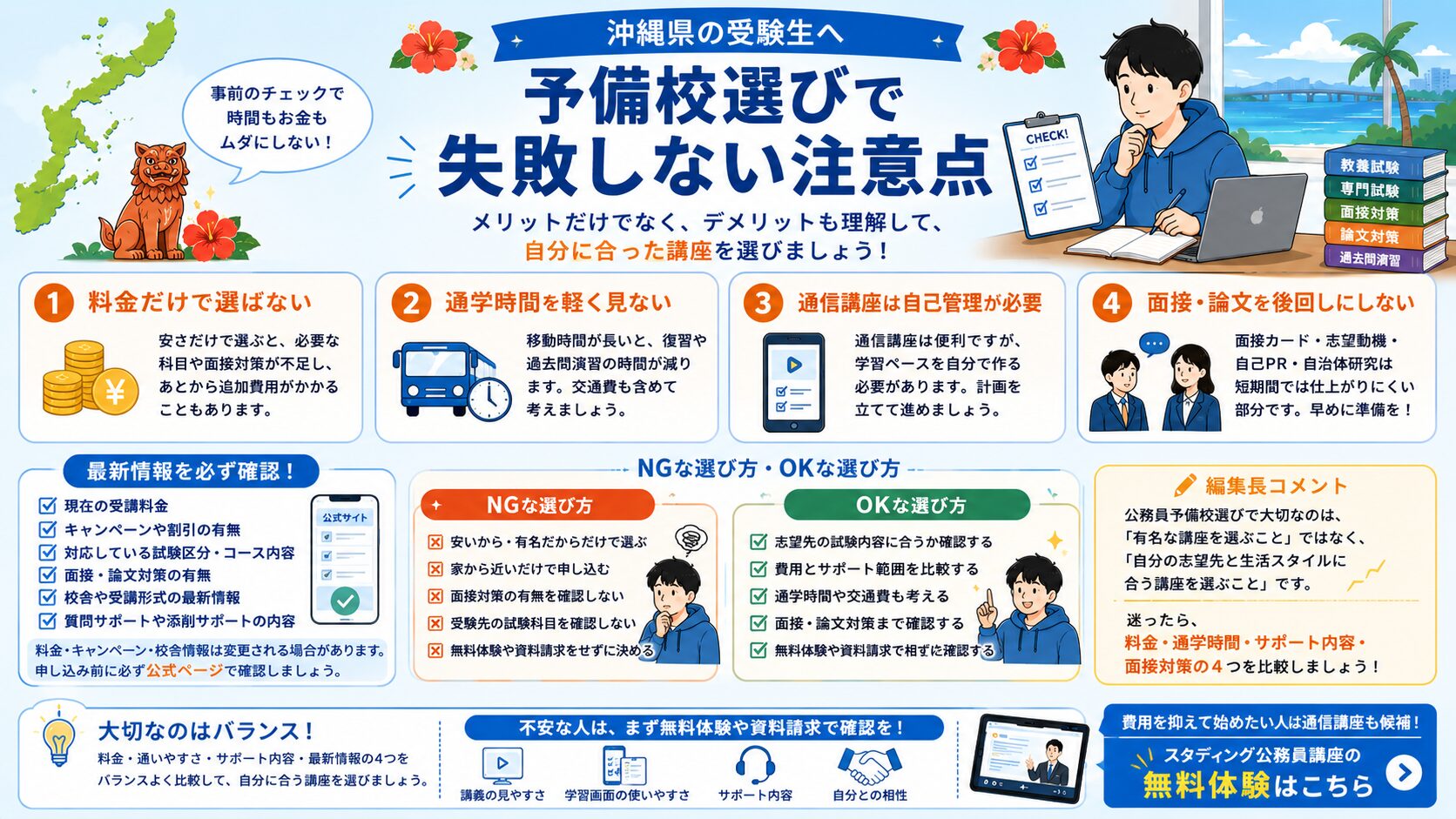 沖縄県で公務員予備校を選ぶときの注意点をまとめた図解