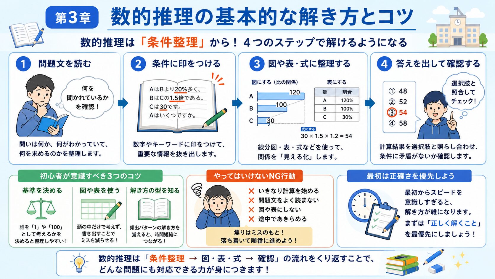 公務員試験の数的推理を条件整理から解く手順を示した図解