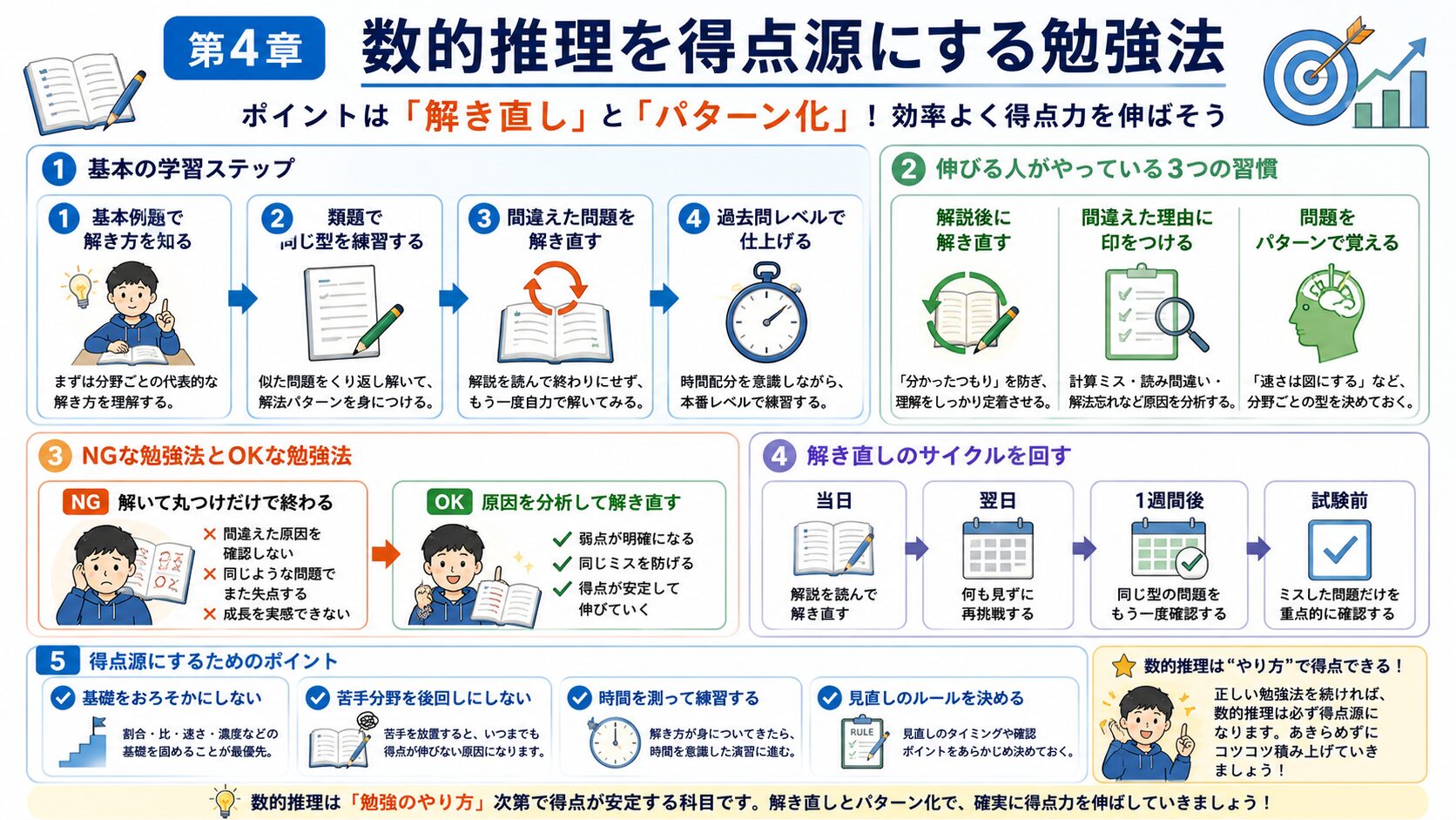 公務員試験の数的推理を得点源にするための勉強法と解き直しの流れを示した図解