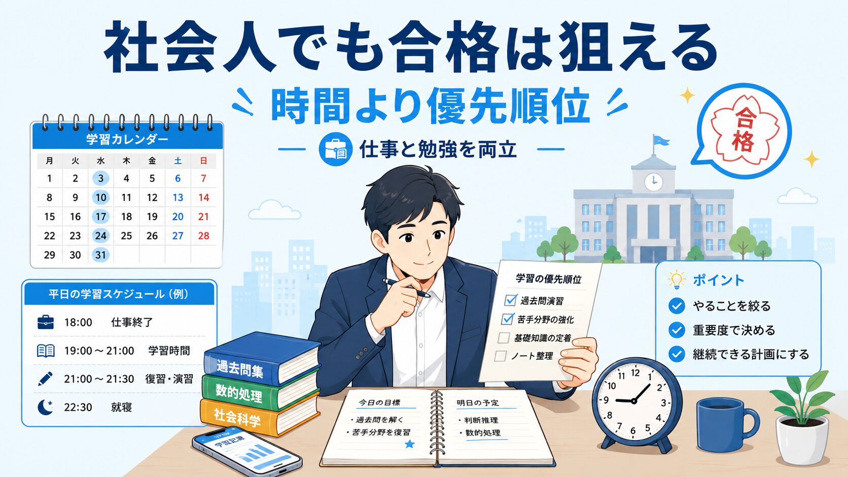 社会人が仕事と公務員試験の勉強を両立して合格を目指す様子を表した図解