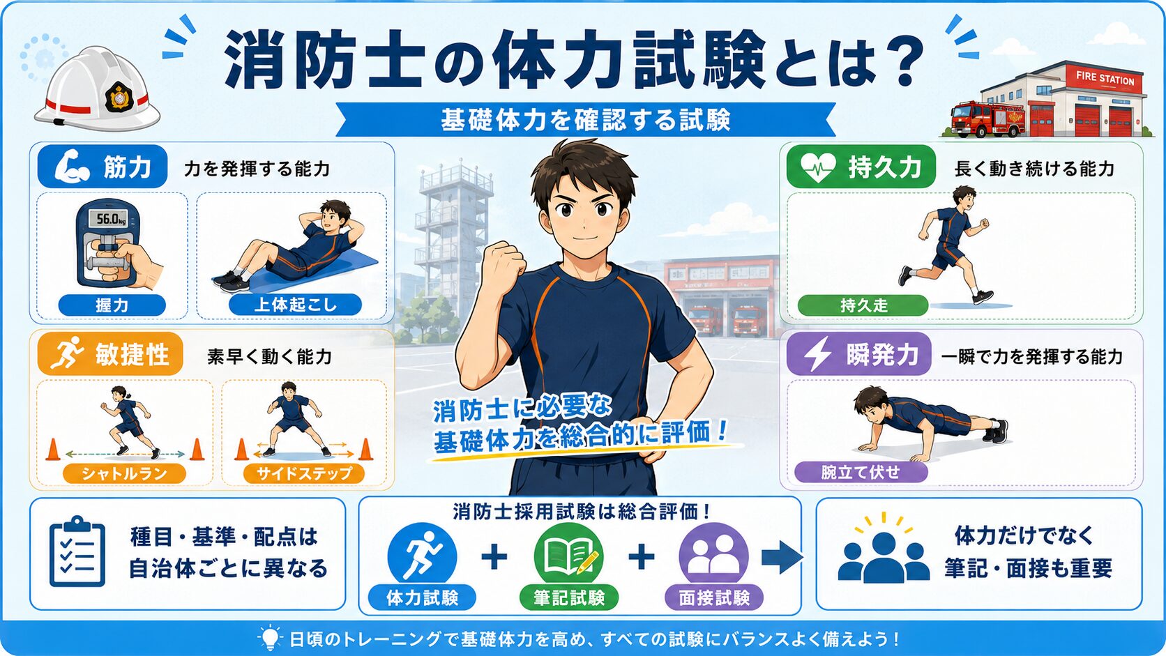 消防士の体力試験の位置づけと筆記試験・面接との関係を整理した図解