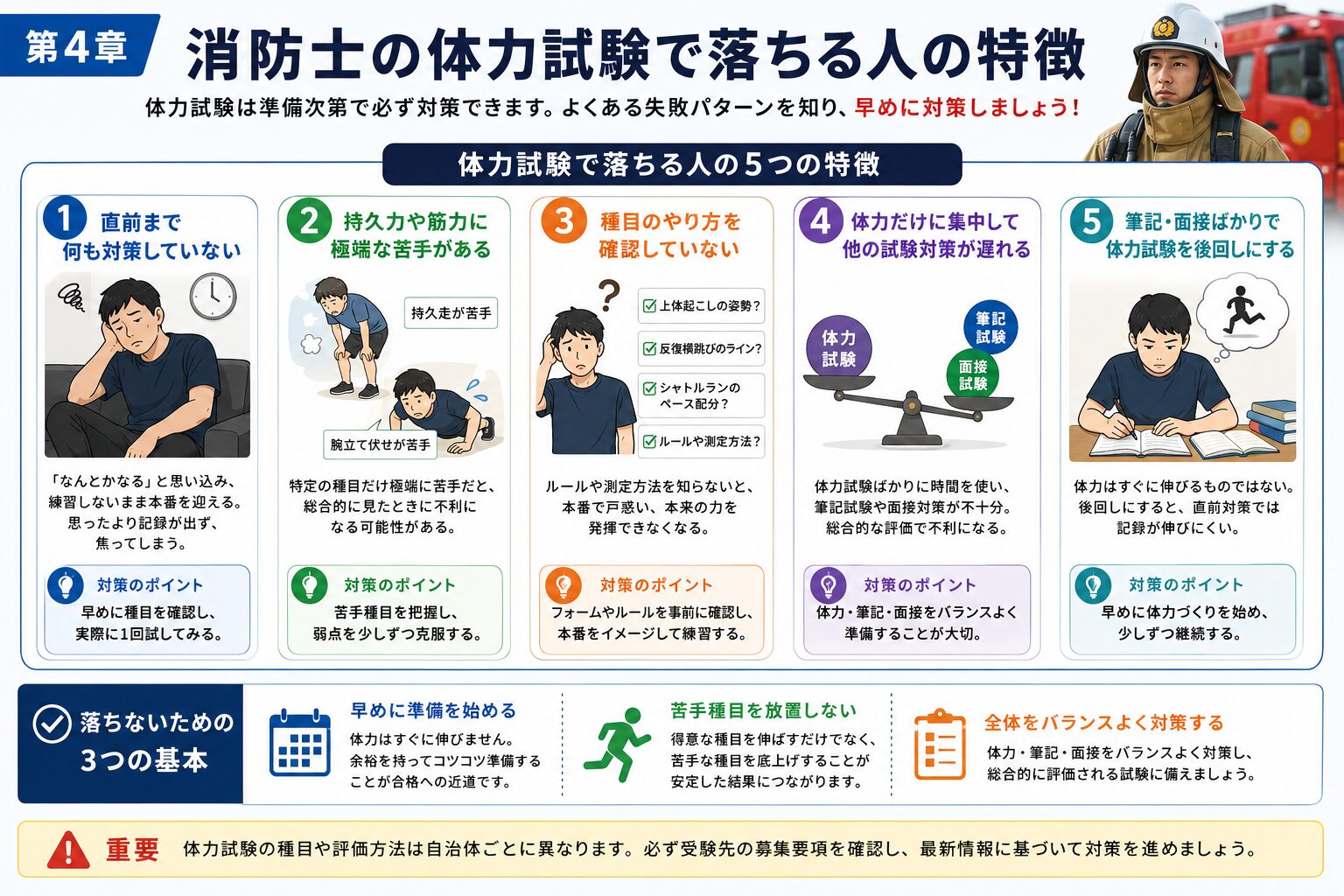 消防士の体力試験で落ちる人の特徴をチェックリストで整理した図解