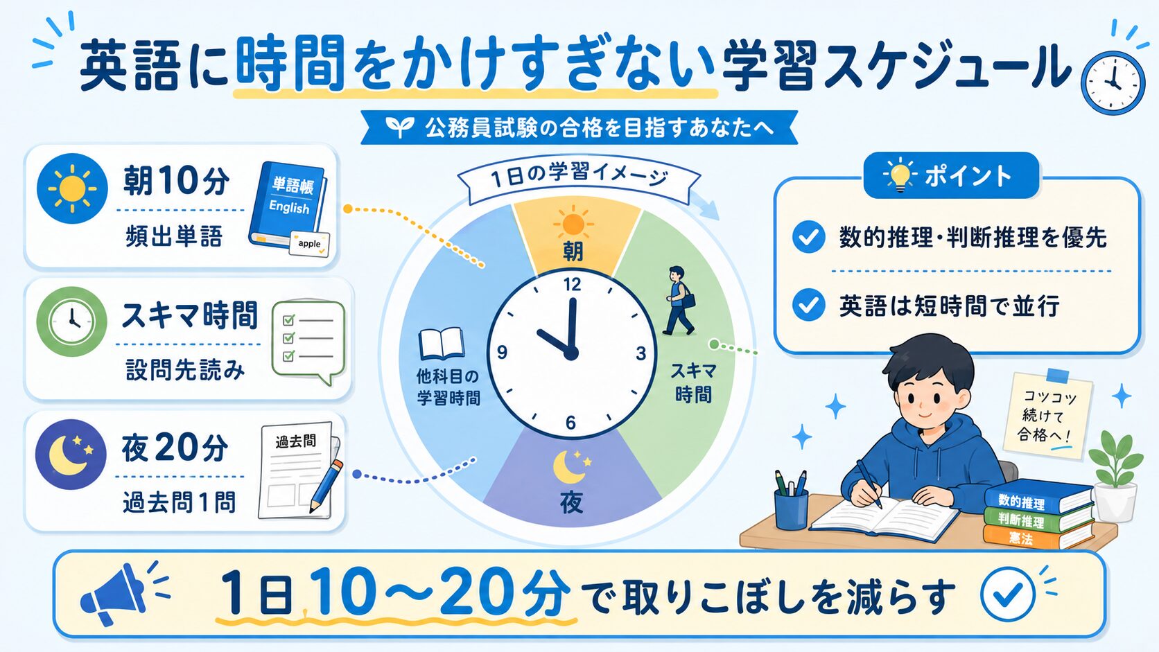 公務員試験の英語に時間をかけすぎないための1日10分から20分の学習スケジュールを示した図解