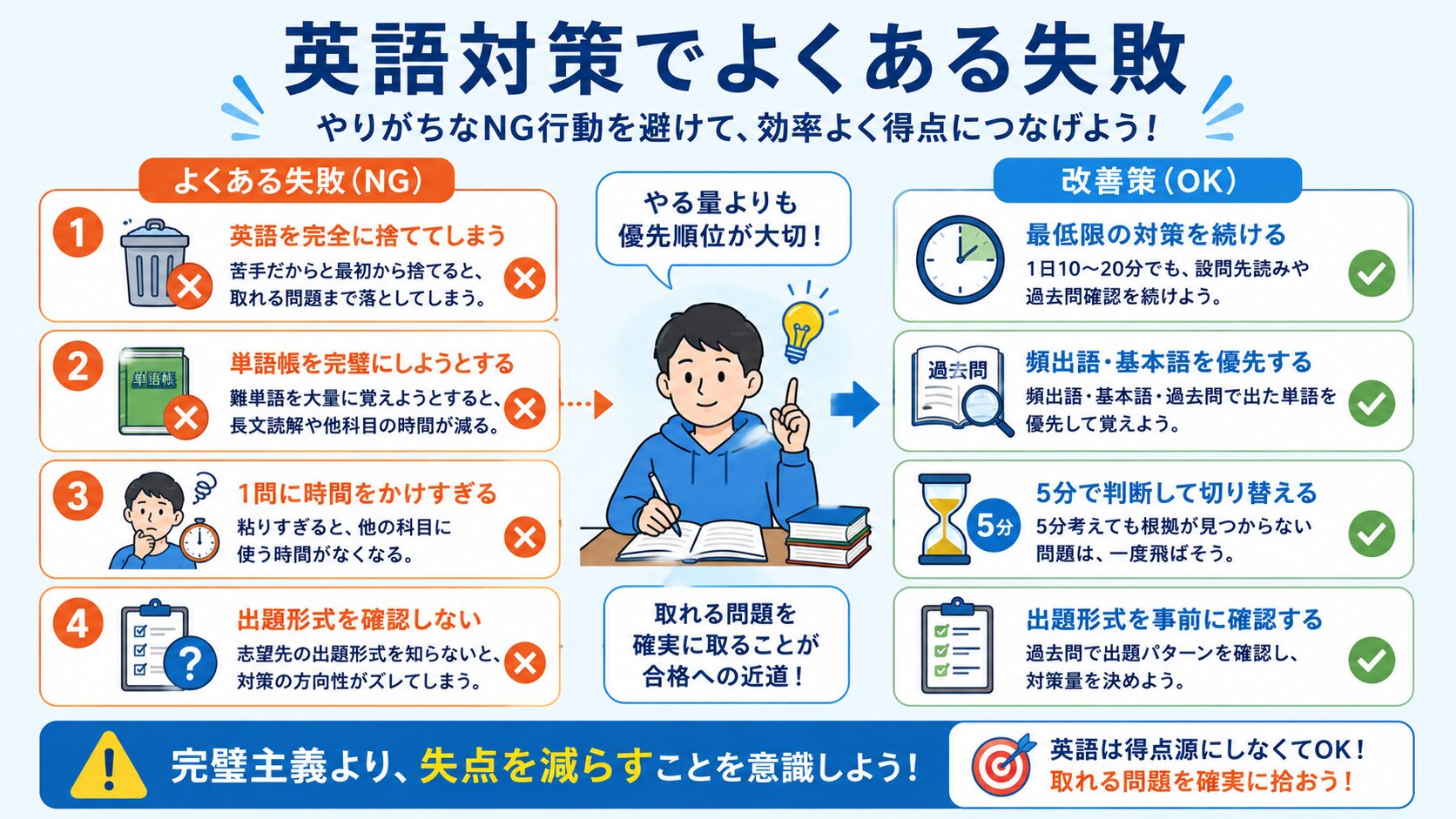 公務員試験の英語対策でよくある失敗と正しい改善策を整理した図解