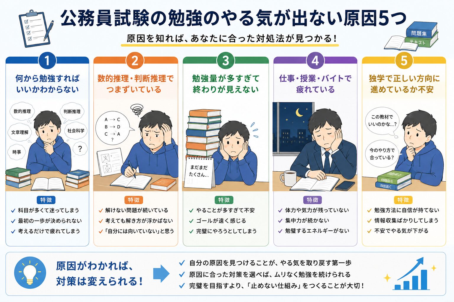 公務員試験の勉強のやる気が出ない原因を5つに整理した図解