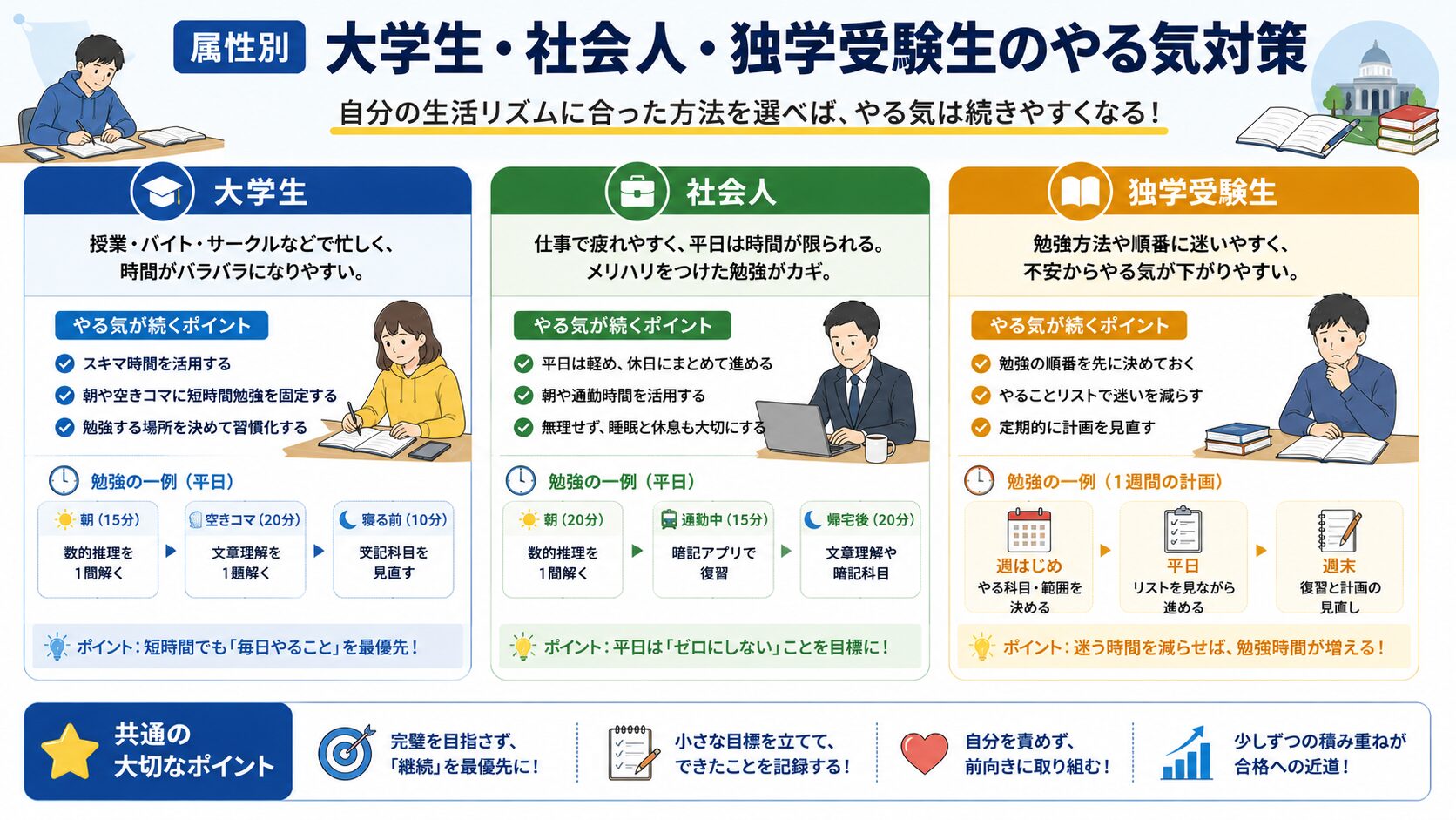 大学生・社会人・独学受験生別に公務員試験のやる気対策を整理した図解