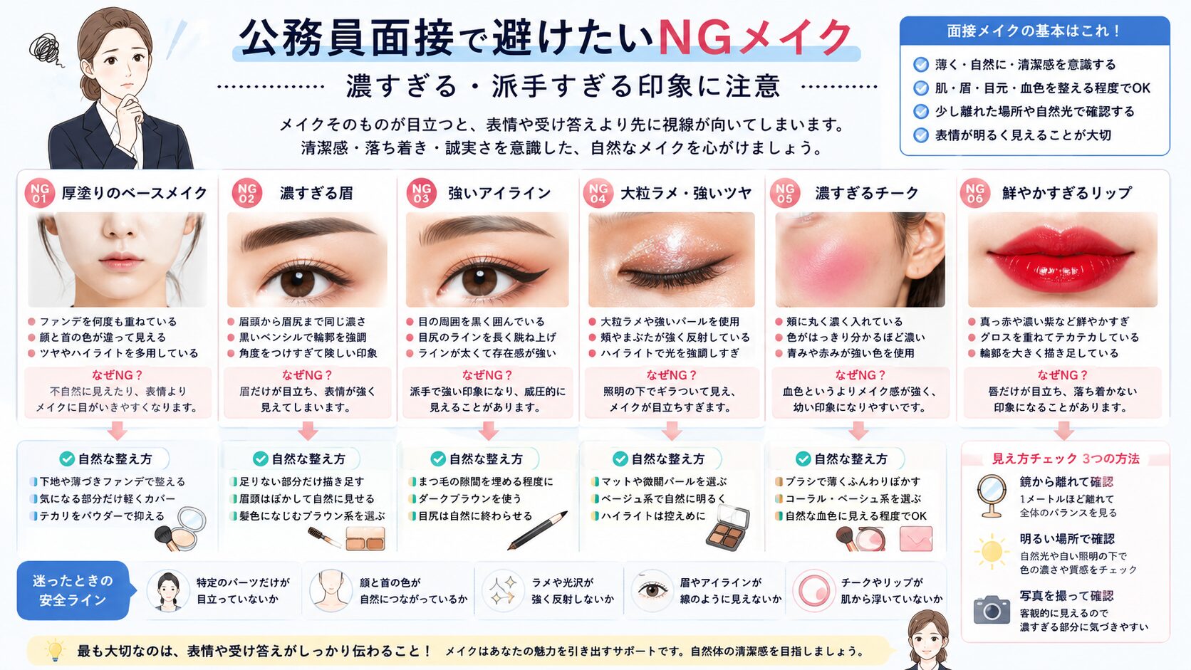 公務員面接で避けたい濃いメイクや大粒ラメ、派手なリップなどのNG例を解説した図解