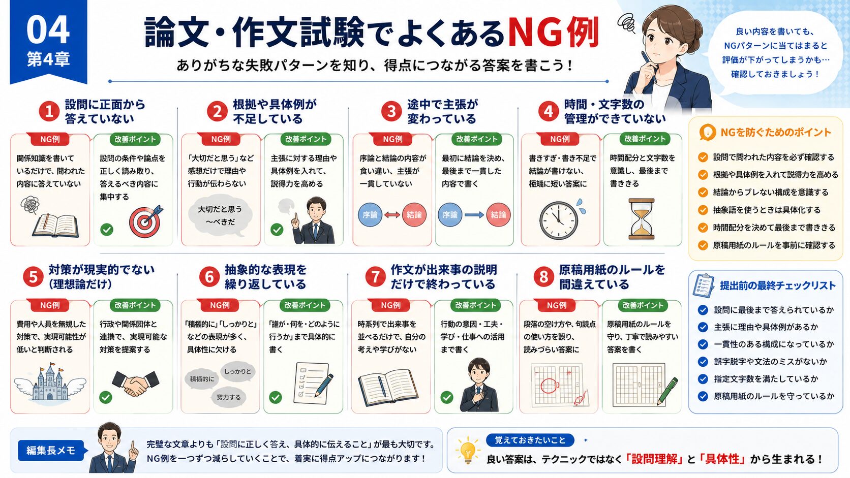 公務員試験の論文と作文で避けたいNG答案と改善方法を比較した図解