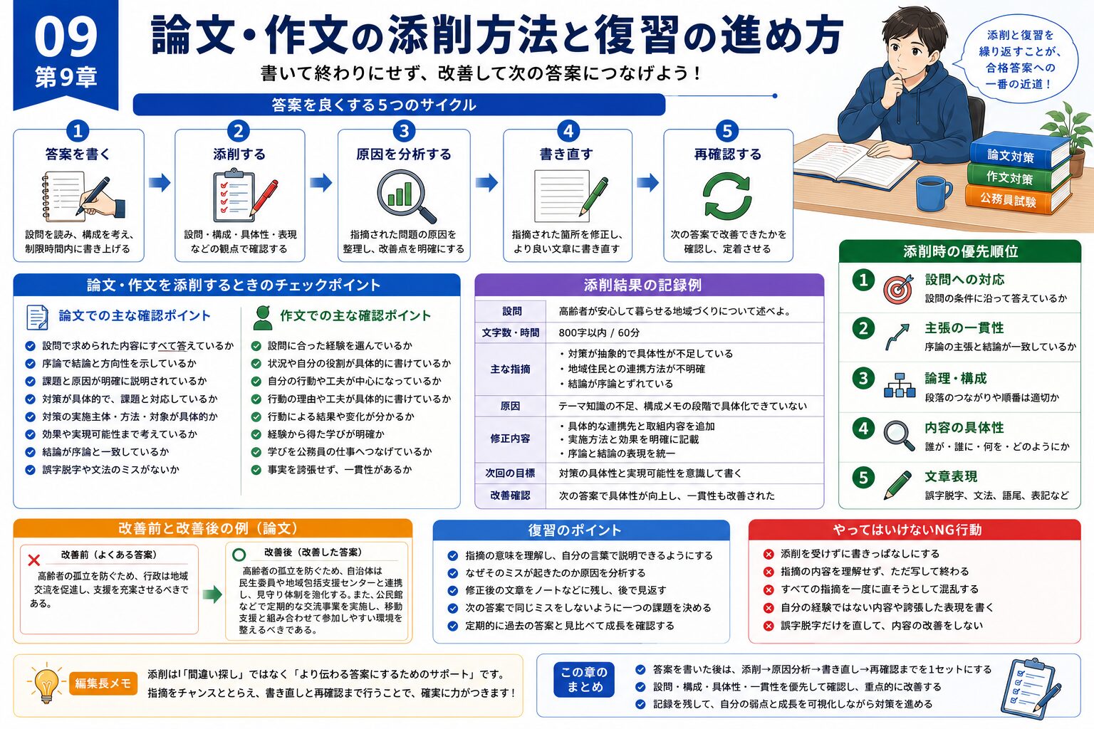 公務員試験の論文と作文を添削して書き直す復習サイクルを示した図解