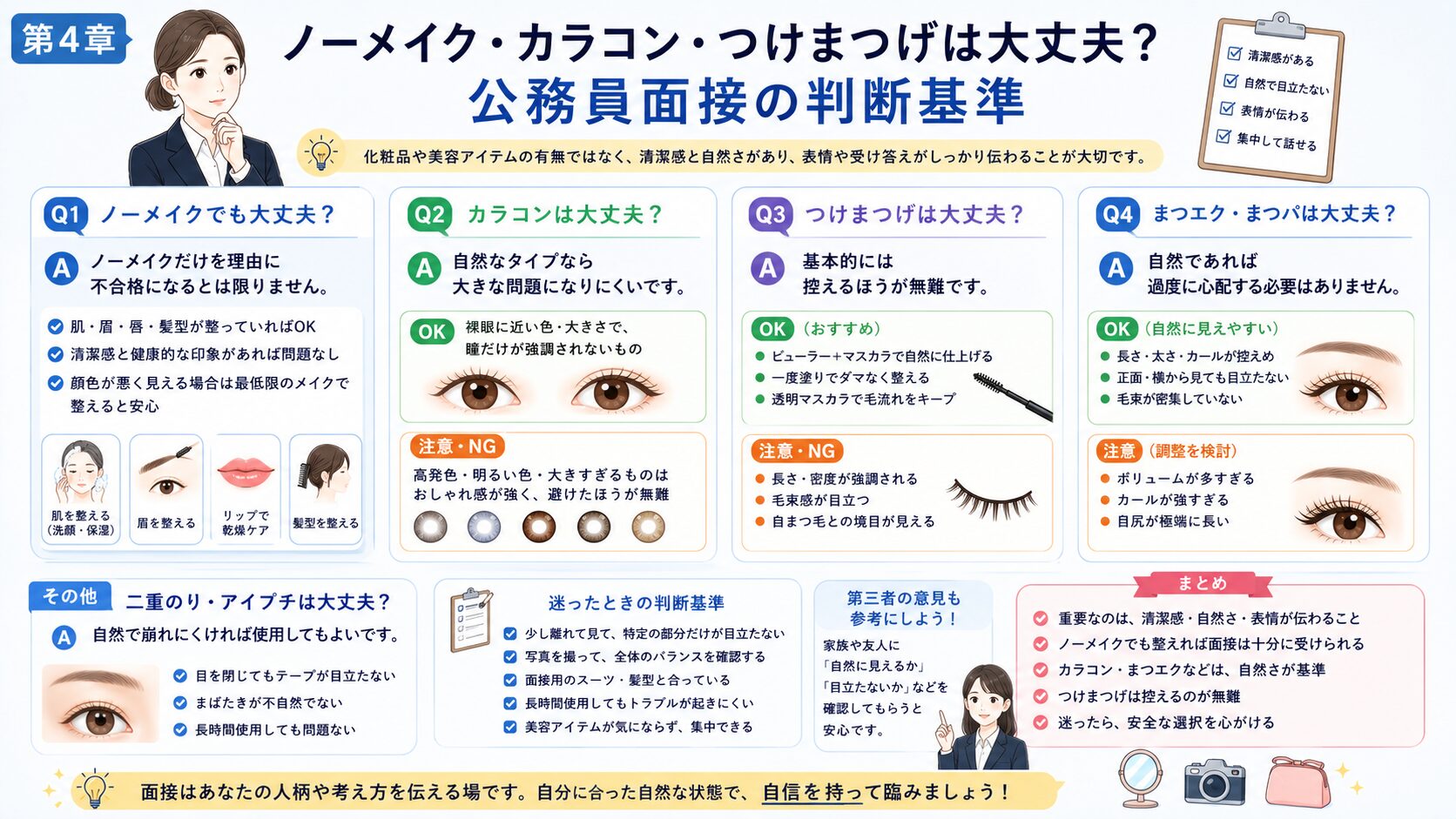 公務員面接でノーメイク、カラコン、つけまつげ、まつげエクステが適切か判断する基準を解説した図解