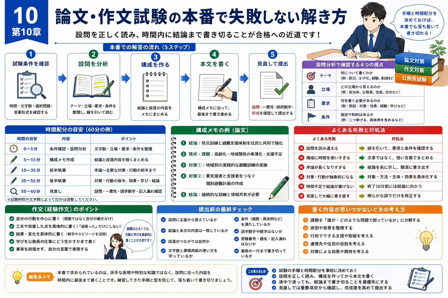 公務員試験の論文と作文を本番で最後まで書き切る手順と時間配分を示した図解