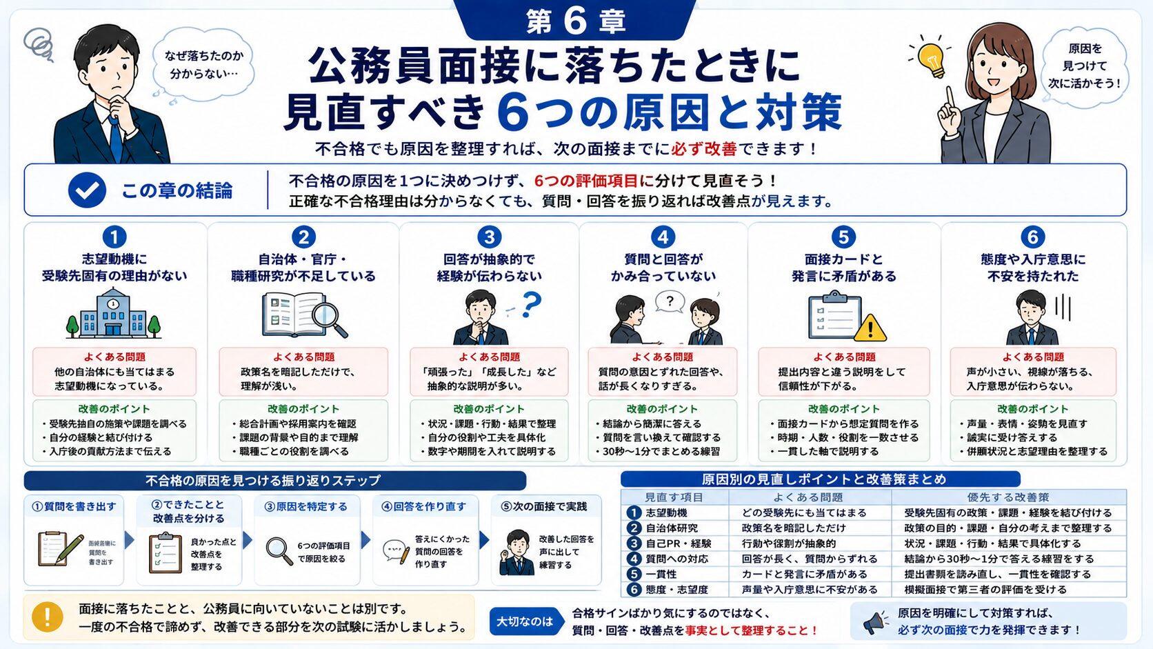 公務員面接に落ちたときに見直すべき原因と改善方法を6項目でまとめた図解
