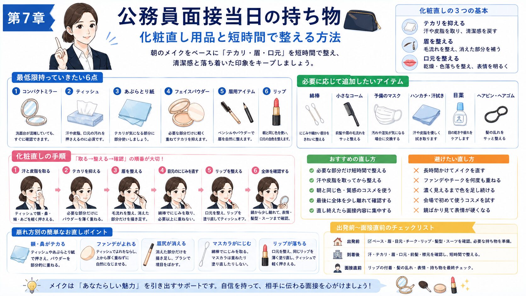 公務員面接当日に持参したい化粧直し用品と短時間で清潔感を整える手順を解説した図解