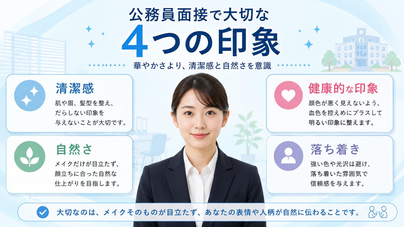 公務員面接のメイクで重視したい清潔感・自然さ・健康的な印象・落ち着きを整理した図解