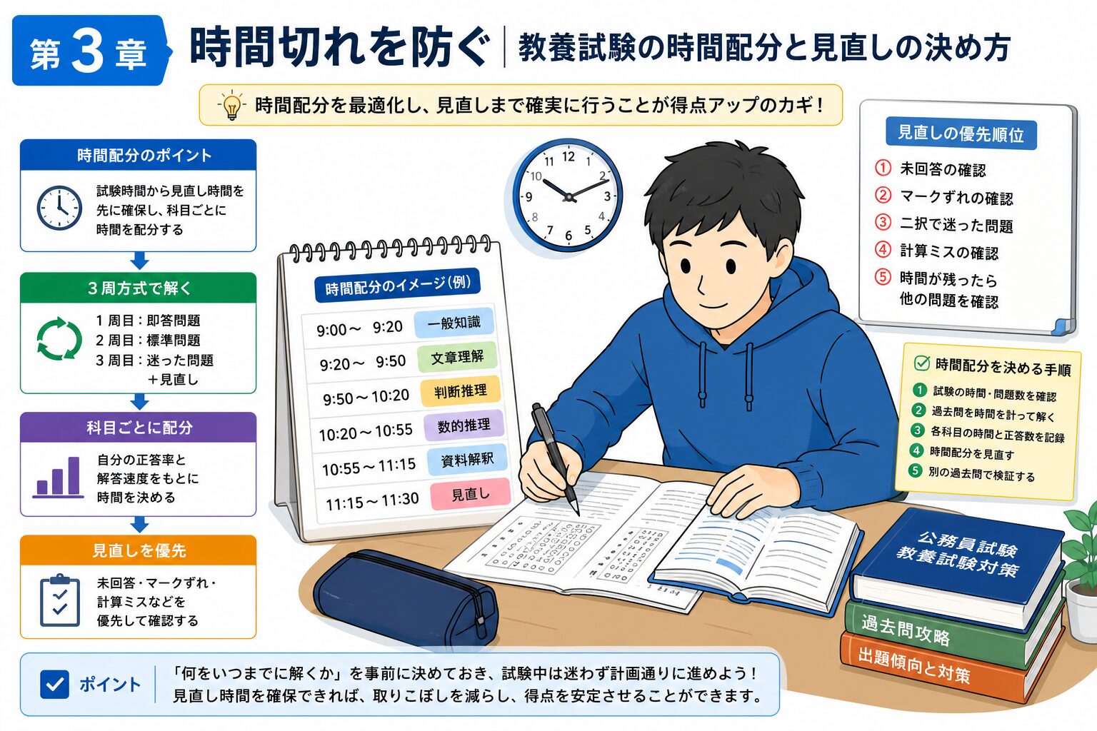 公務員試験の教養試験で時間配分と見直し時間を決める受験生