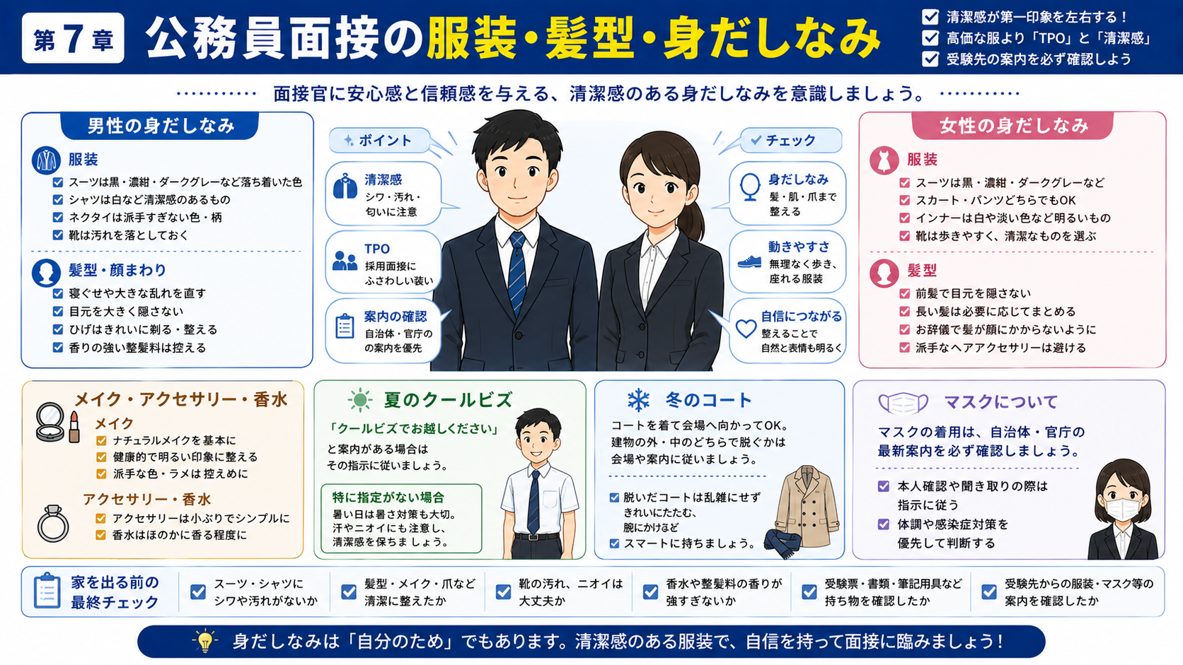 公務員面接の服装・髪型・身だしなみのポイントを男女別にまとめた図解