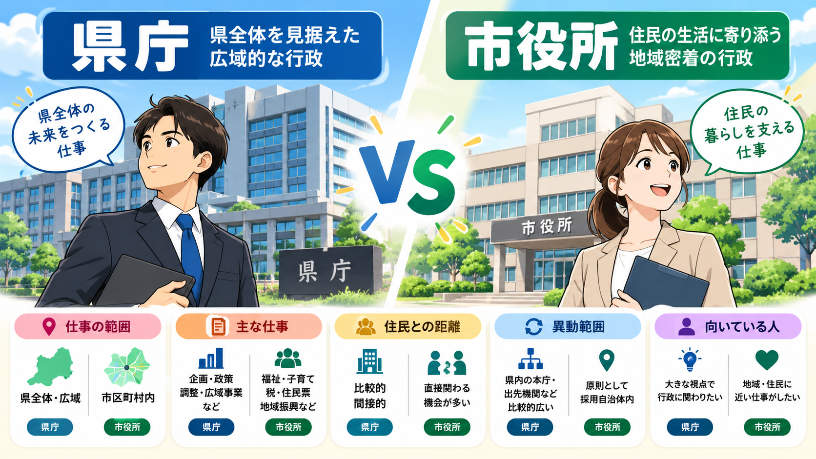 県庁と市役所の仕事内容や働き方の違いを比較した図