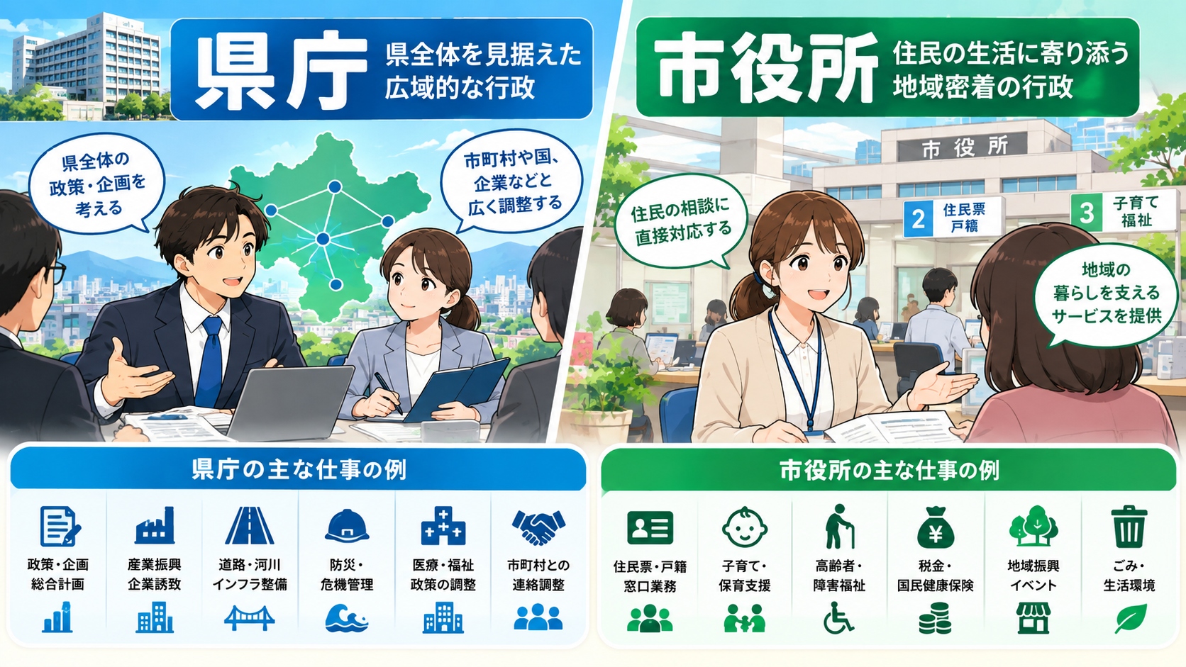 県庁と市役所の仕事内容の違いを比較した図