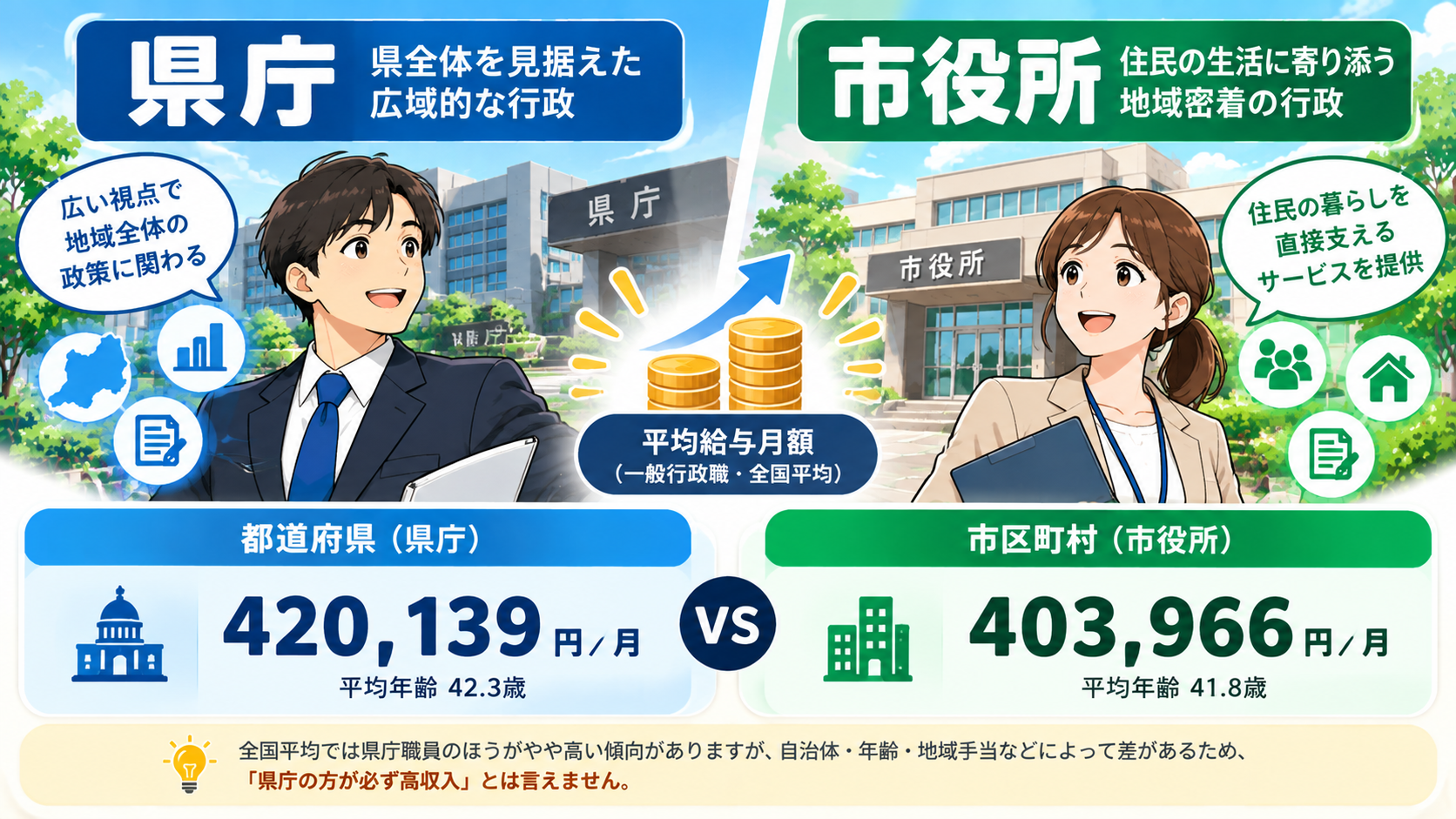 県庁と市役所の給料や年収の違いを比較した図