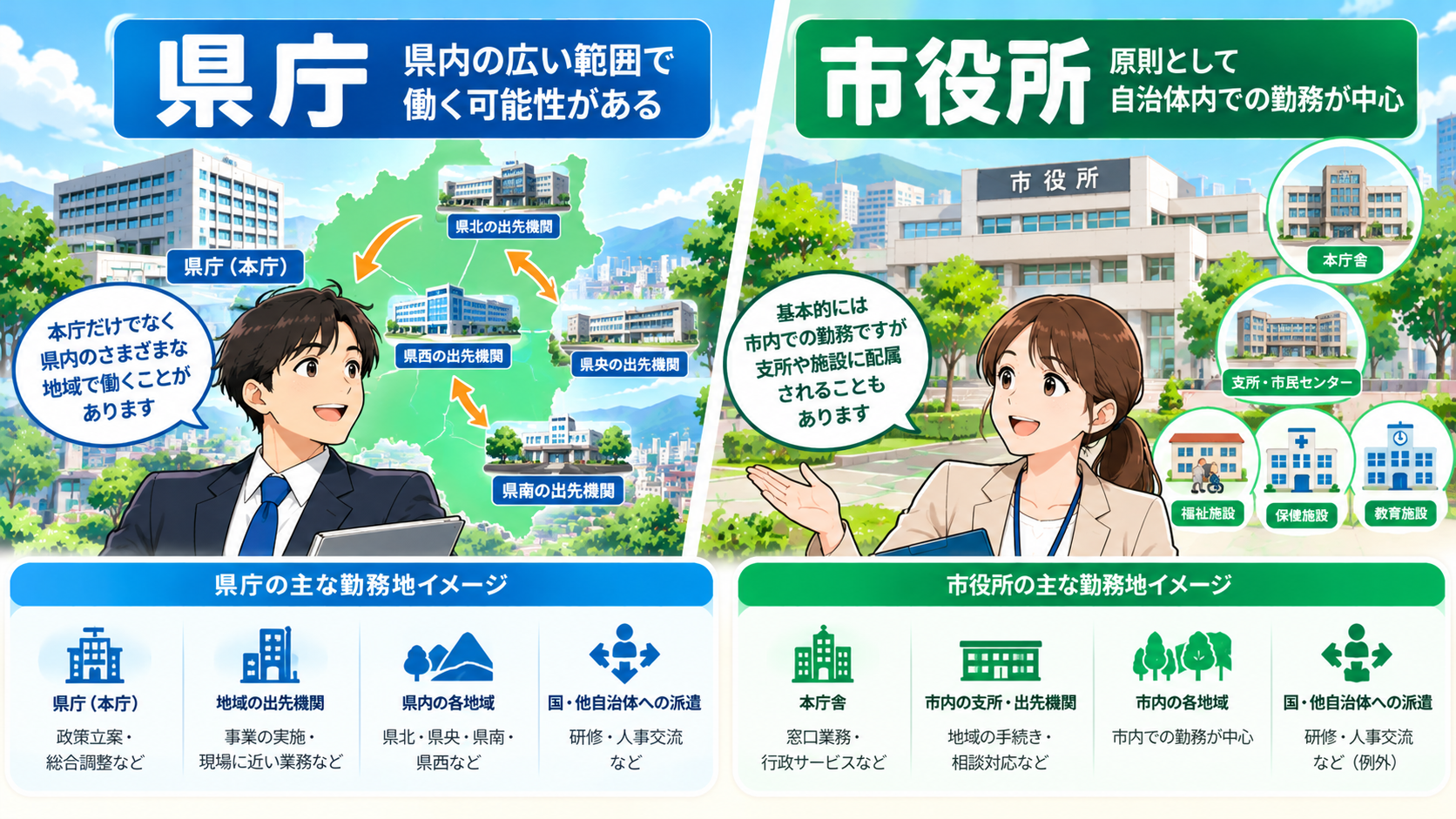 県庁と市役所の転勤や異動範囲の違いを比較した図