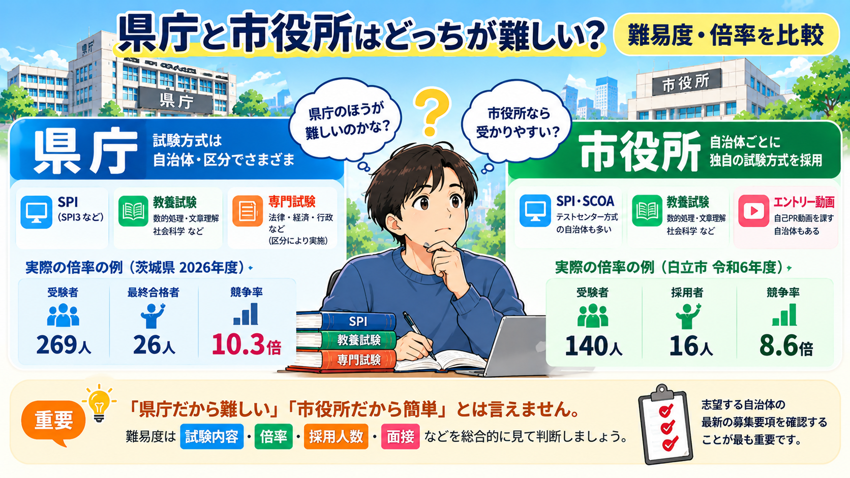 県庁と市役所の公務員試験の難易度や倍率を比較した図