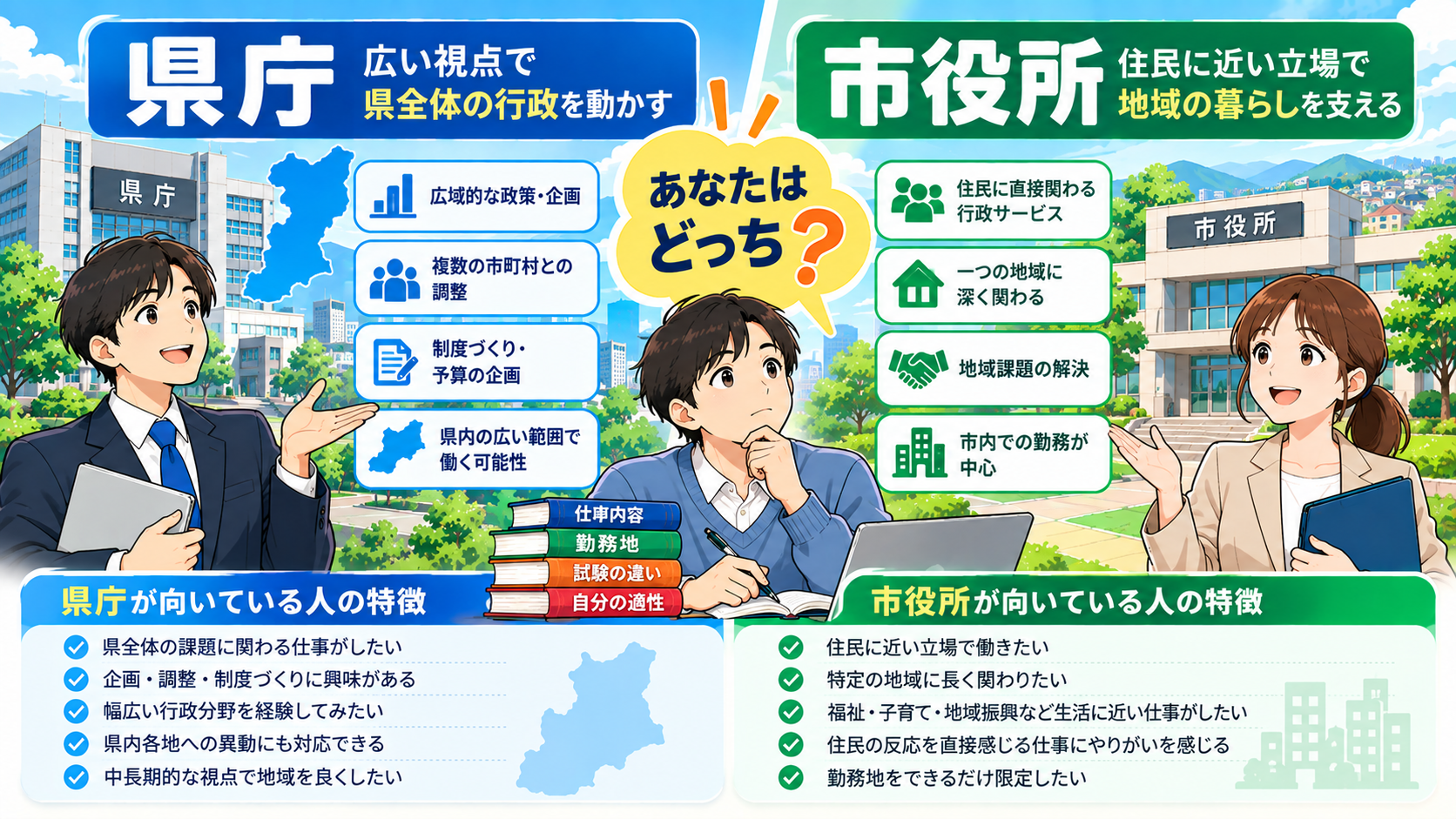 県庁に向いている人と市役所に向いている人の違いを比較した図