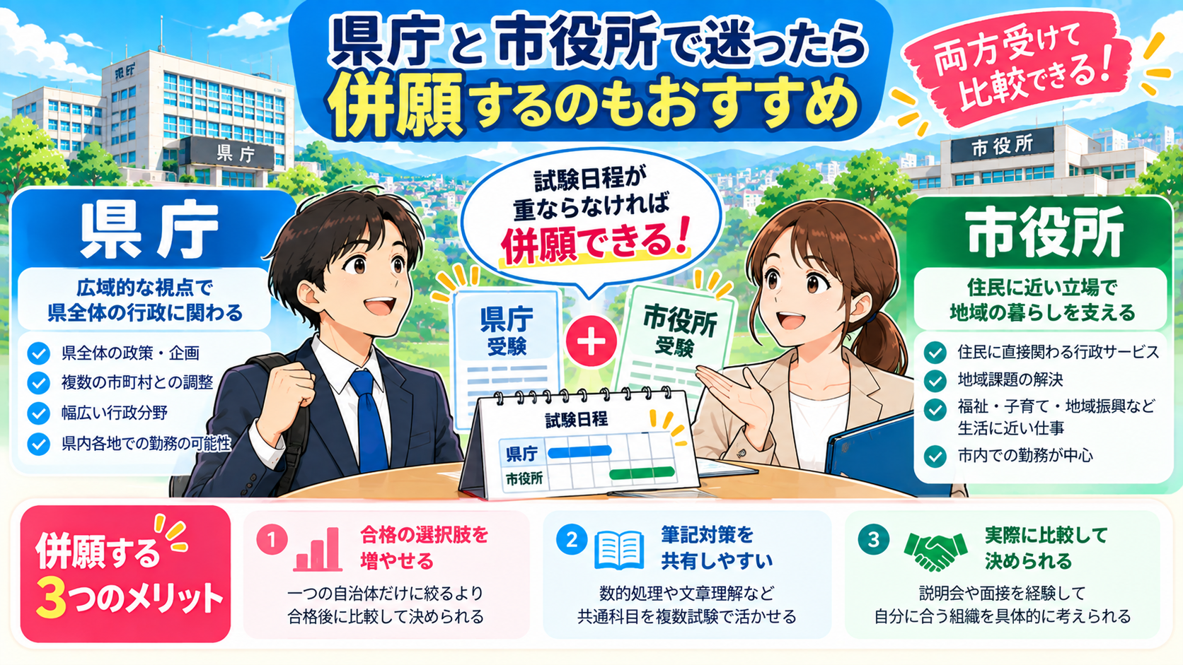 県庁と市役所を併願する方法やメリットを解説した図