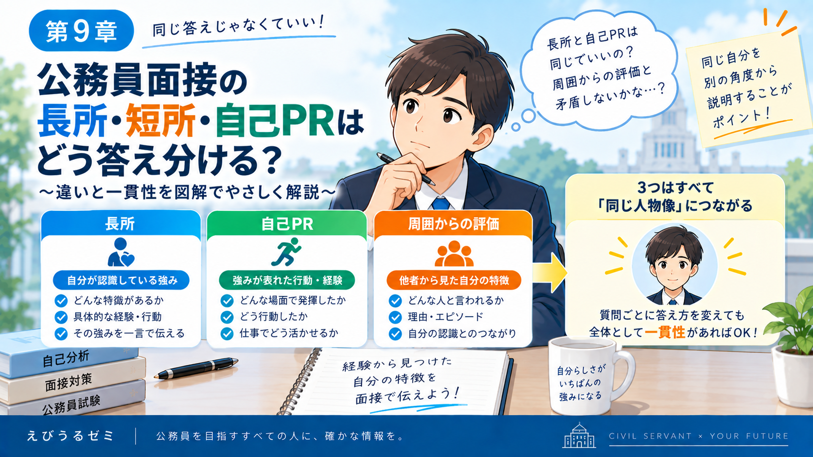 公務員面接の長所・短所と自己PR、周囲からどんな人と言われるかの違い
