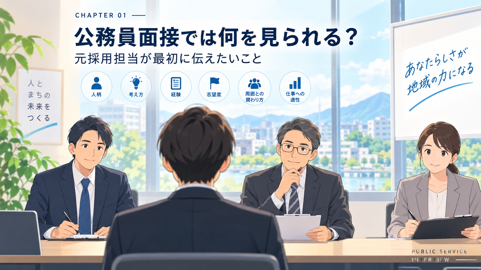 公務員面接で面接官が受験者の人柄・考え方・経験・志望度・仕事への適性を確認している様子
