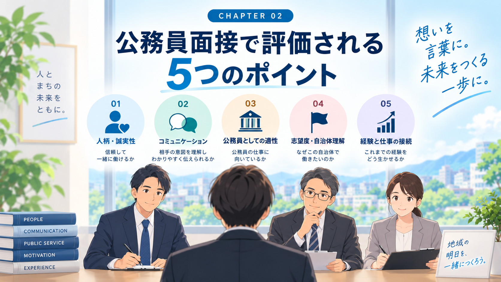 公務員面接で評価される人柄・コミュニケーション・公務員適性・志望度・経験と仕事の接続の5つのポイント
