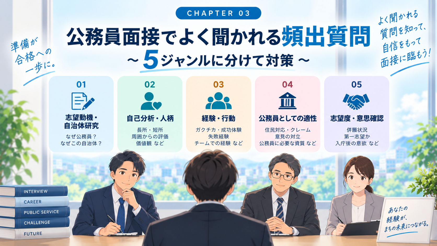 公務員面接の頻出質問を志望動機・自己分析・経験・公務員適性・意思確認の5ジャンルに整理したイメージ