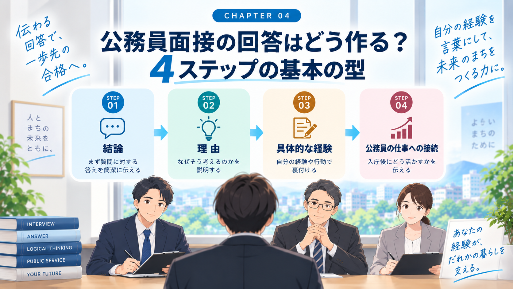 公務員面接の回答を結論・理由・具体的な経験・仕事への接続の4ステップで作る方法