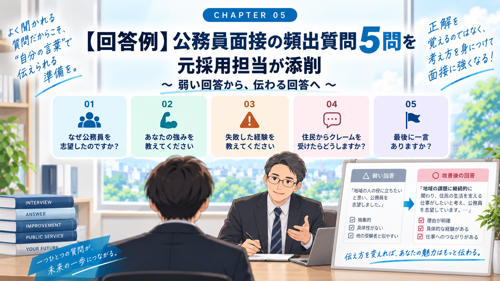 公務員面接の頻出質問について弱い回答と改善後の回答を元採用担当が比較添削するイメージ